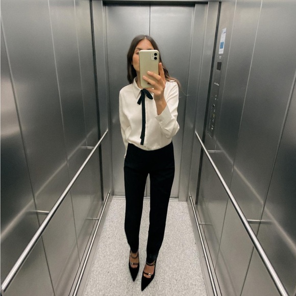 Zara Tops - Zara Satin Effect Tie Collar Shirt